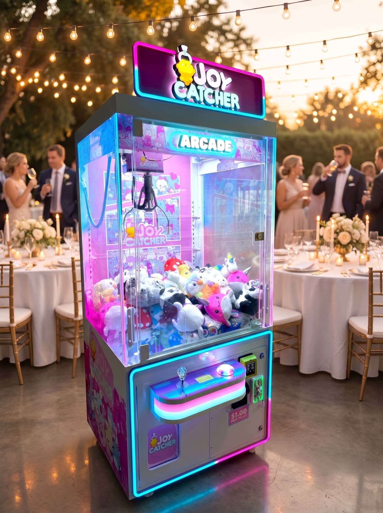 A claw machine stocked with plush prizes at a wedding reception